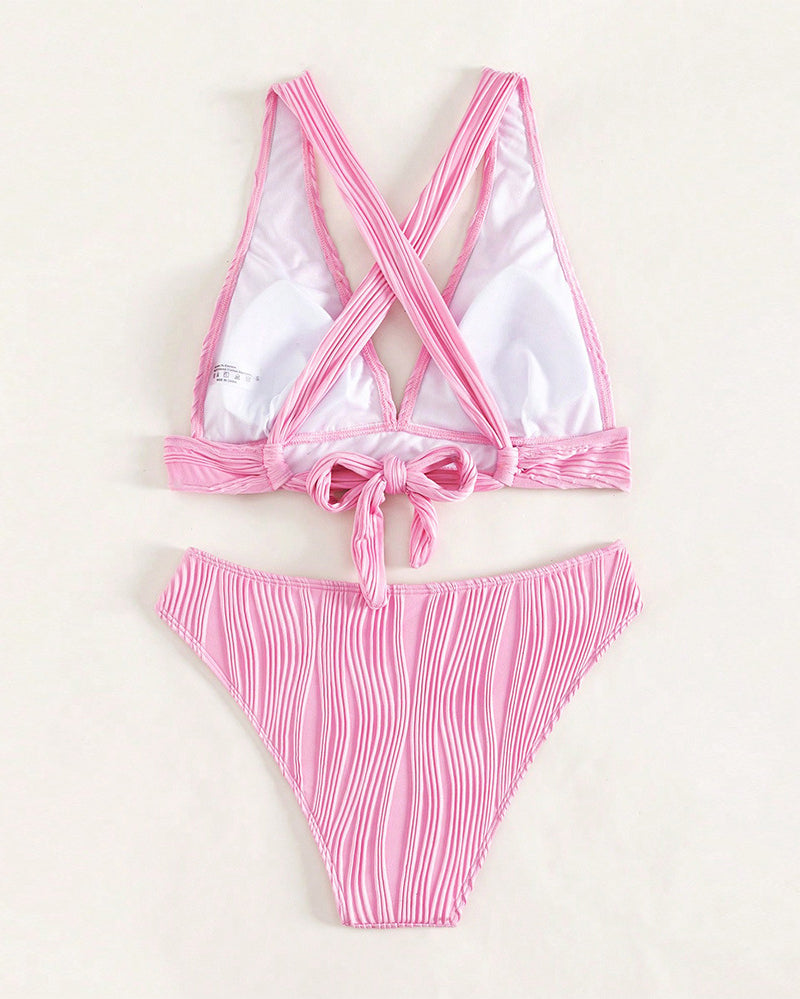 Einfarbiger, sexy Bikini mit tiefem V-Ausschnitt
