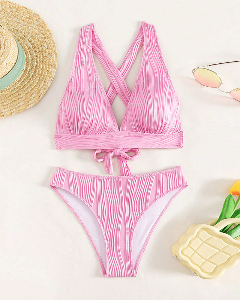 Einfarbiger, sexy Bikini mit tiefem V-Ausschnitt