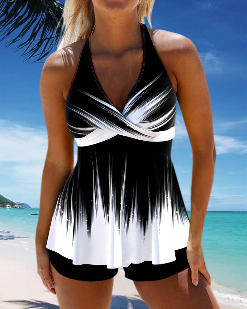 Bedruckter neckholder-tankini-badeanzug mit schnürung