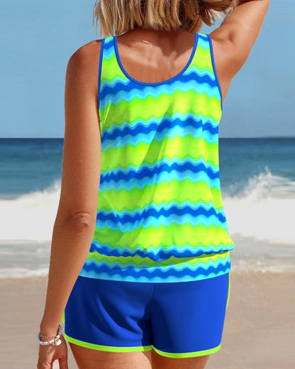 Ärmelloser tankini-badeanzug mit wellenmuster und schnürung