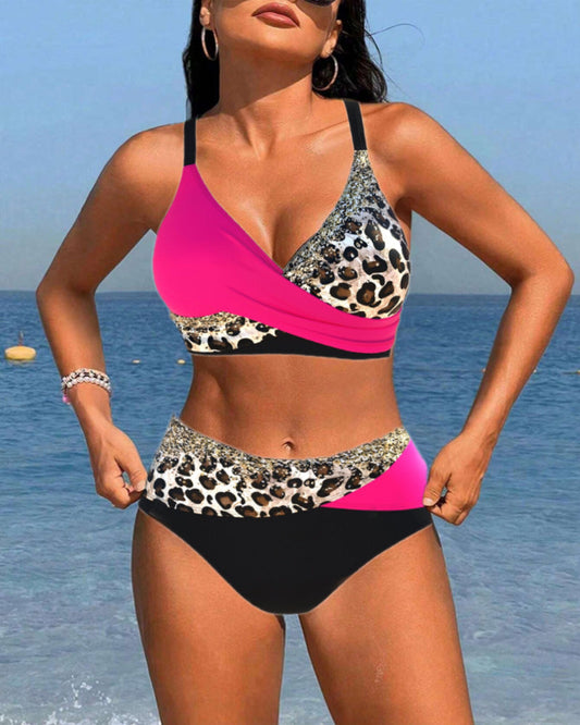 Bikini-Badeanzug mit Farbblock-Leopardenmuster