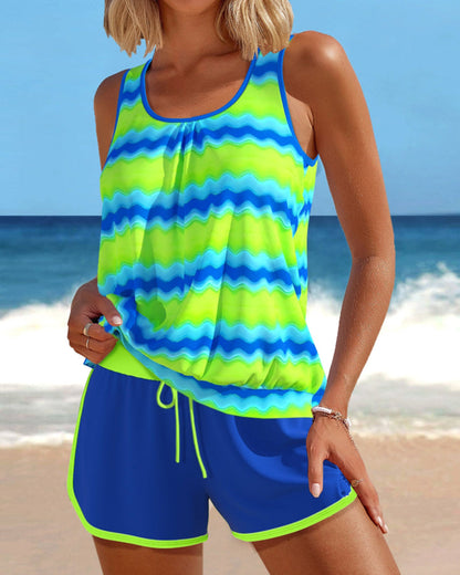 Ärmelloser tankini-badeanzug mit wellenmuster und schnürung