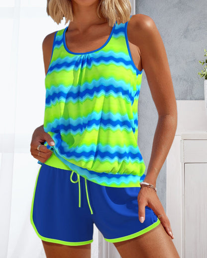Ärmelloser tankini-badeanzug mit wellenmuster und schnürung