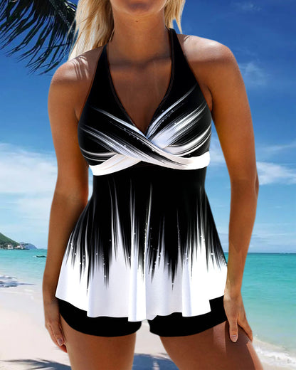 Bedruckter neckholder-tankini-badeanzug mit schnürung